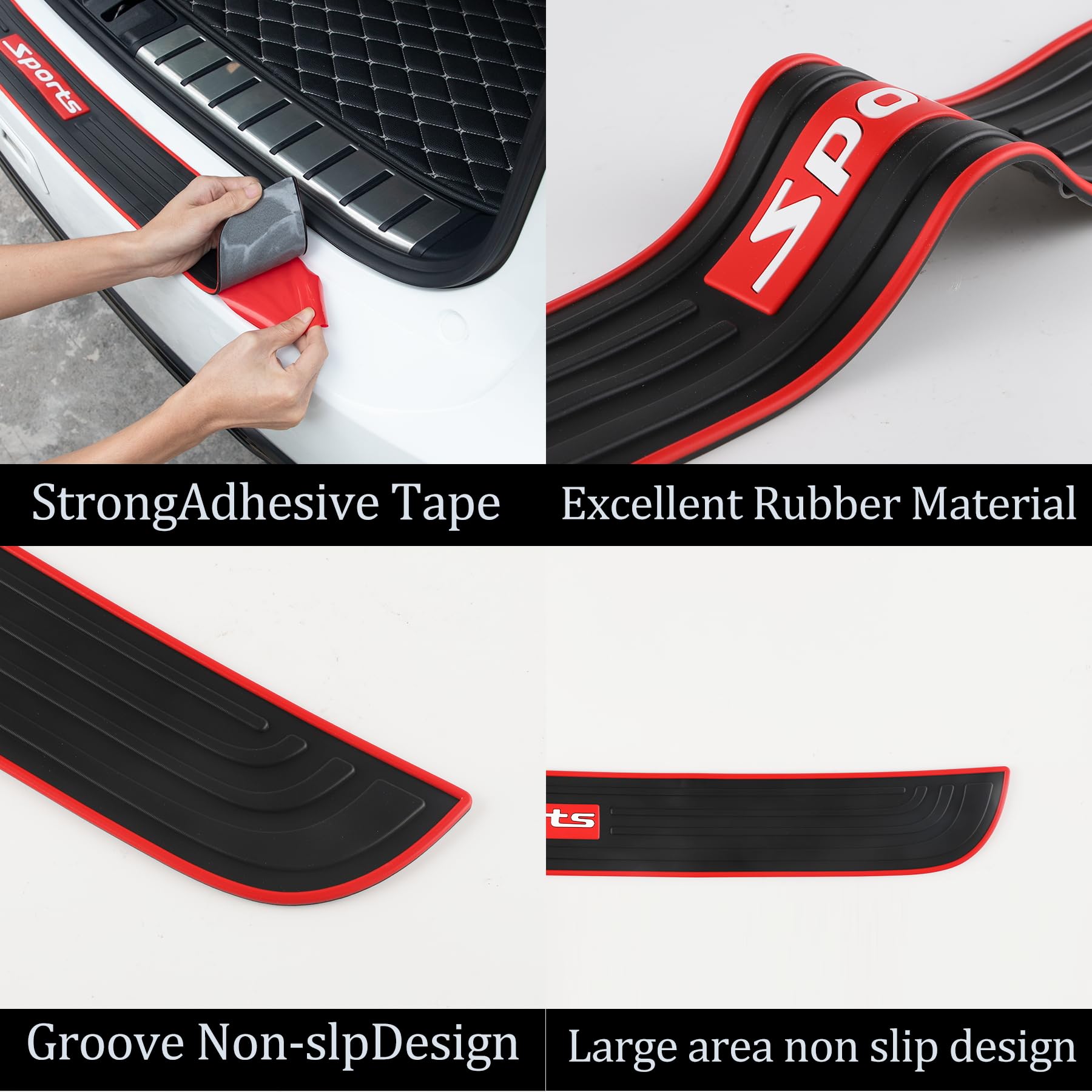 SINGARO Protezione paraurti posteriore per auto, 89,2 x 7 cm, universale in gomma antigraffio per bagagliaio, accessori esterni (rosso bordo-bianco Sport