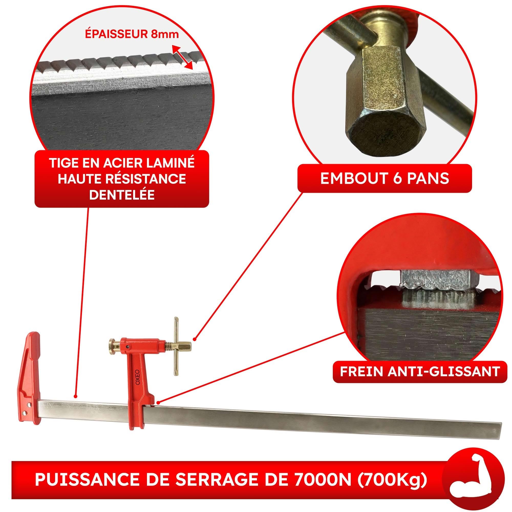 Lot de 6 serre-joints à pompe - 2 x 30cm, 60cm et 80cm - Acier laminé - Frein anti glissement