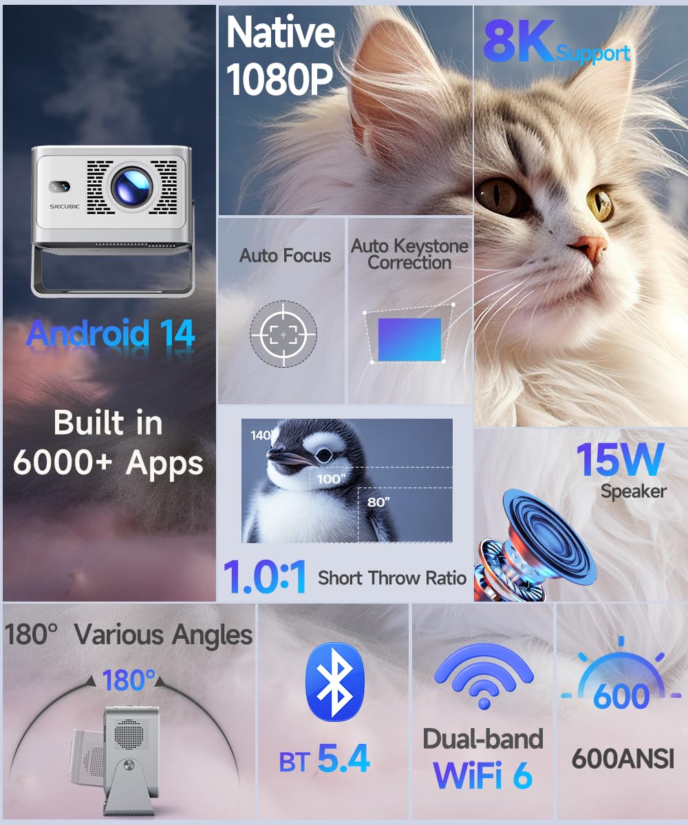 Mini Proiettore 4K con Android 14 & App Integrate, Nativo 1080P Proiettore