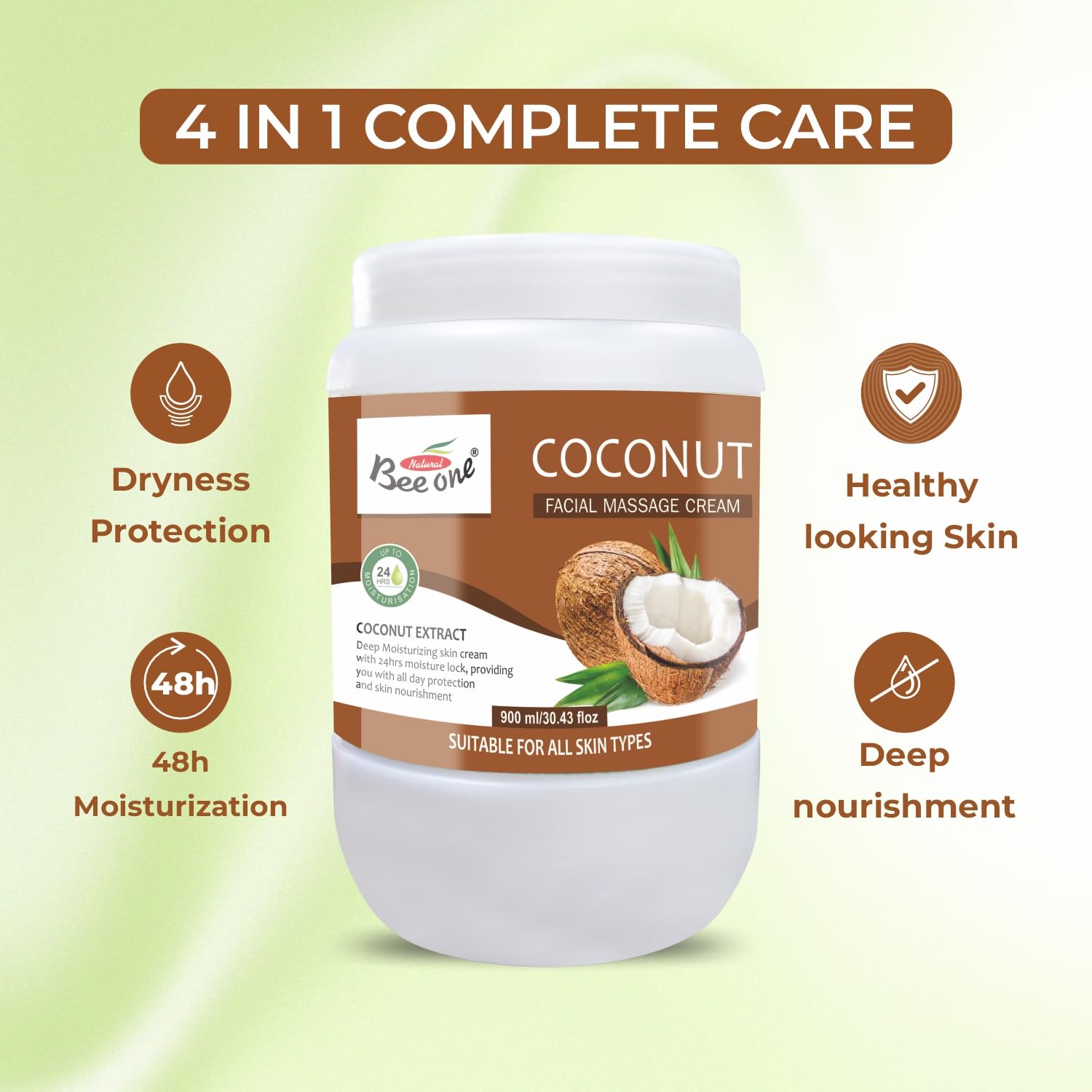 Beeone Coconut Massage Cream 900ml β Nourishing & Moisturizing Massage Cream for Smooth, Soft Skin | Enriched with Coconut Oil for Deep Hydration & Relaxation 1