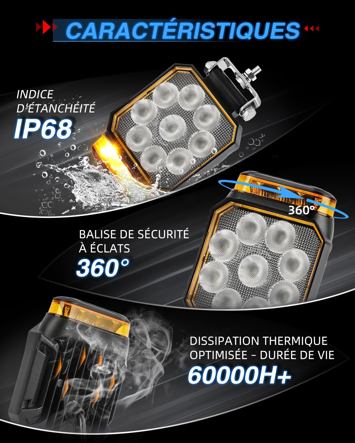 BraveWAY Phare De Travail Led 12/24V 4 Pouces 30 W 6000LM Avec Fonction D'Avertissement, Lumière Diffuse + Lampe D'Avertissement, Pour Engins De Chantier, Camions, Pelleteuses, Tracteurs