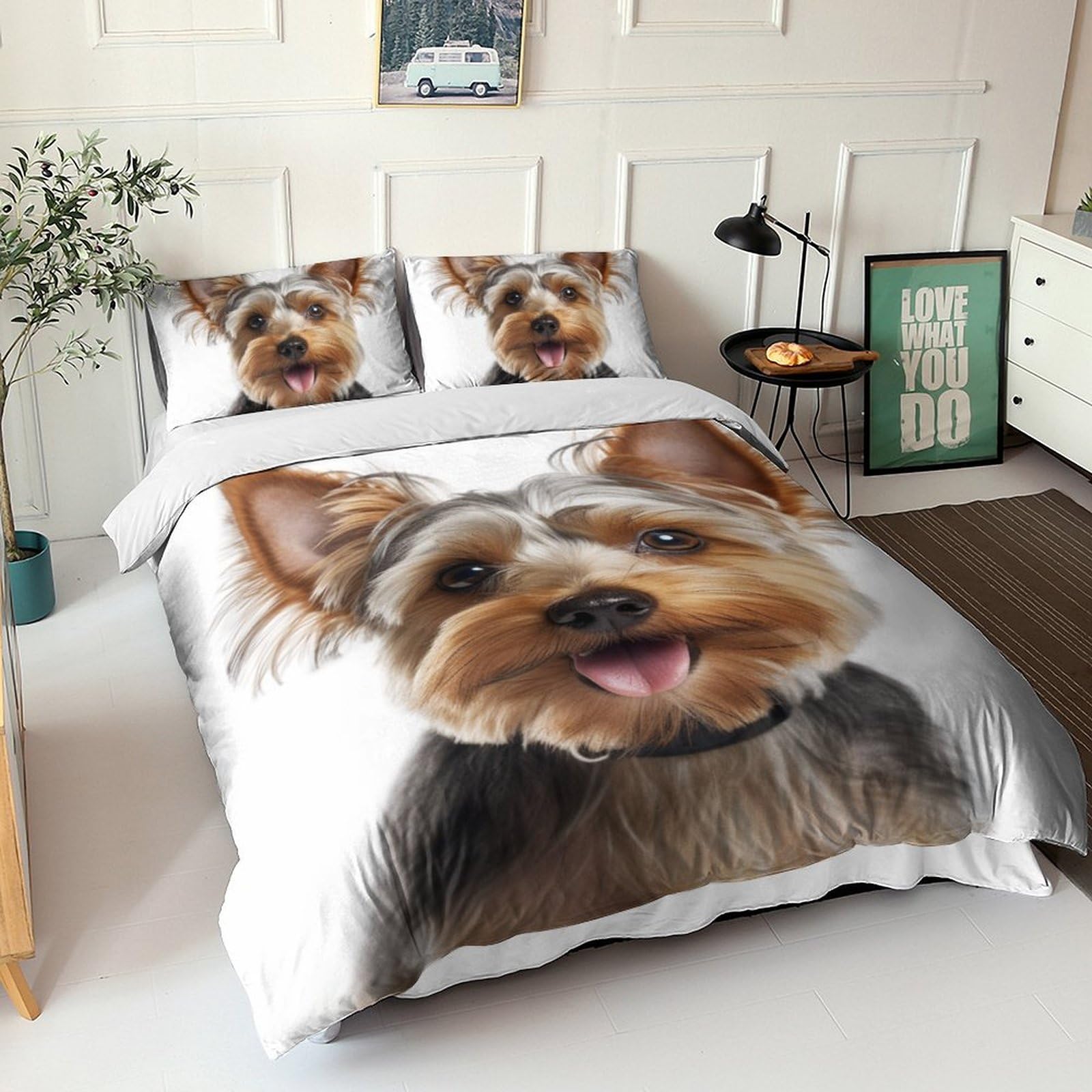 Linge de lit anti-plis et facile à laver avec housse de couette zippée motif chien