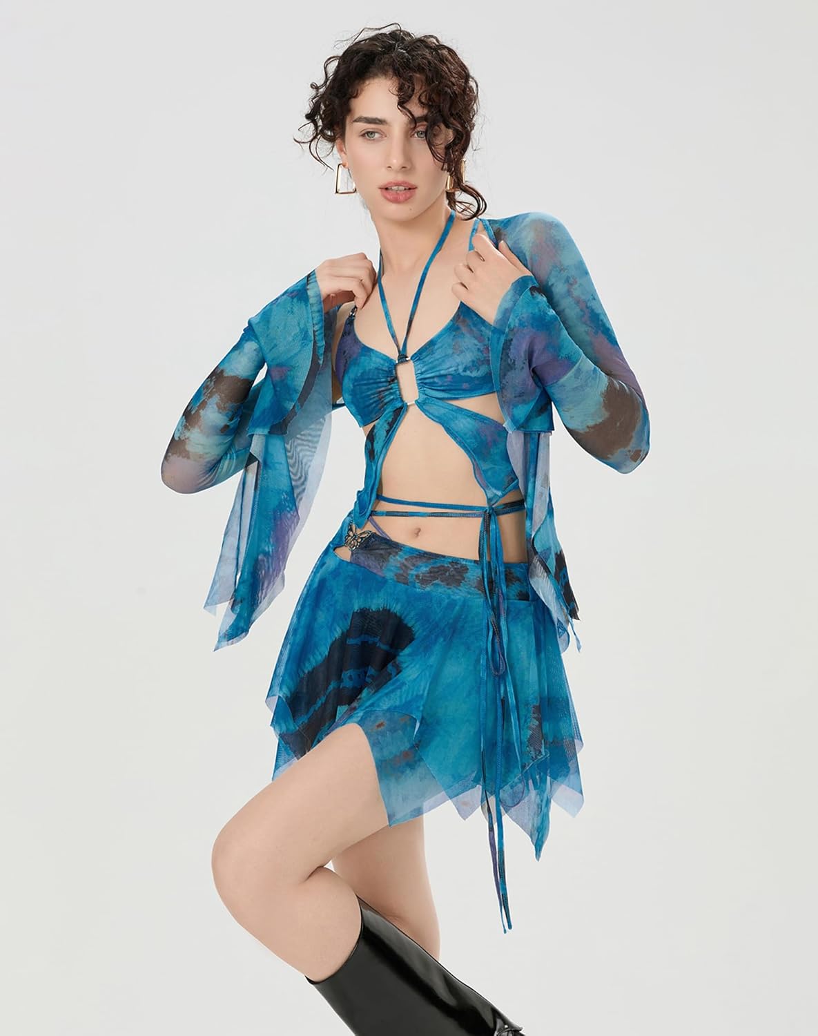 3 Piece Skirt Outfit for Women Y2K Butterfly Print Sexy Crop Top and Skirt Rave Festival Matching Halloween Set - Image 5