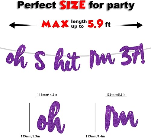 Miniatura 3 de Oh S*it I'm 37! - Fondo de pancarta con purpurina púrpura Hello 37 Cheers to 37 años de edad, decoración temática para niños y niñas, suministros de