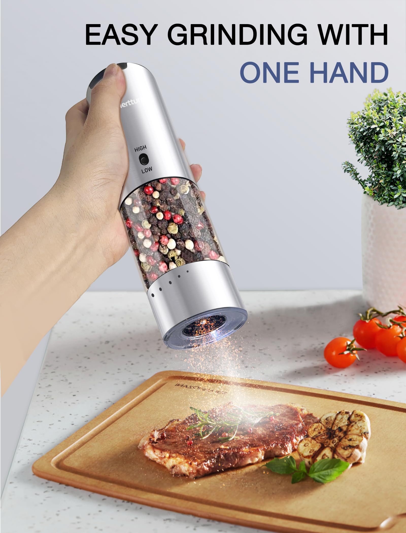 MERTTURM Macina Sale e Pepe Elettrico, Alta velocità di rettifica Macinaspezie, Contenitore Lavabile, Grana Esterna Regolabile, Acciaio Inossidabile per Cucinare, Barbecue, Cucina