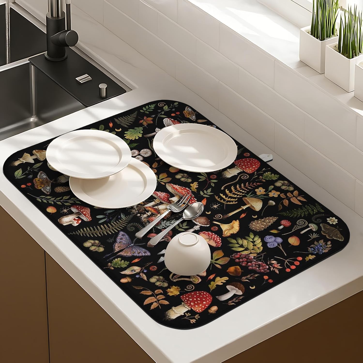 Mushroom Dish Drying Mat Drainer Pads - Extra Large Microfiber Drying Mats for Dishes Kitchen Counter Super Absorbent Pads for Draining Racks (Black,16"x18" )