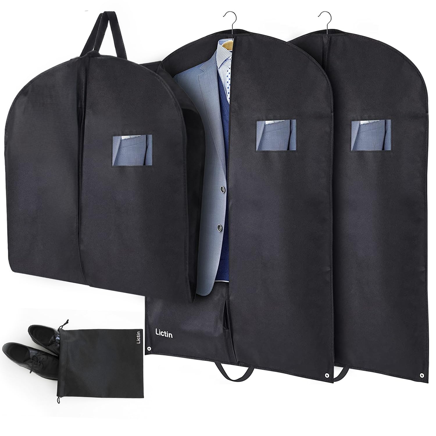 Lictin 100 x 60cm Breathable Garment Bag With PVC Transparent Window - Suit Protector Carrier for Wardrobe and Travel, Includes Shoe Cover (Black, 3 Pcs)