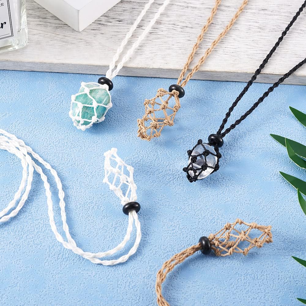 FASHEWELRY 9pcs Crystal Cage Necklace with 25/35/45mm Holder Mixed Color Adjustable Necklace Cord Empty Stone Holder Replacement Hand-woven Fish Netted Pendant Stone Holder for Yoga Meditation - Image 2
