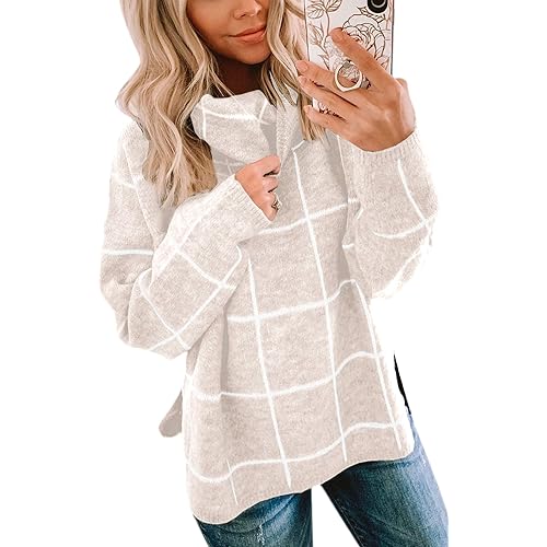 ECOWISH Women Pullover Sweater Turtleneck Plaid Long Sleeve Loose Casual Chunky Checked Knitted Winter Sweaters Jumper Tops