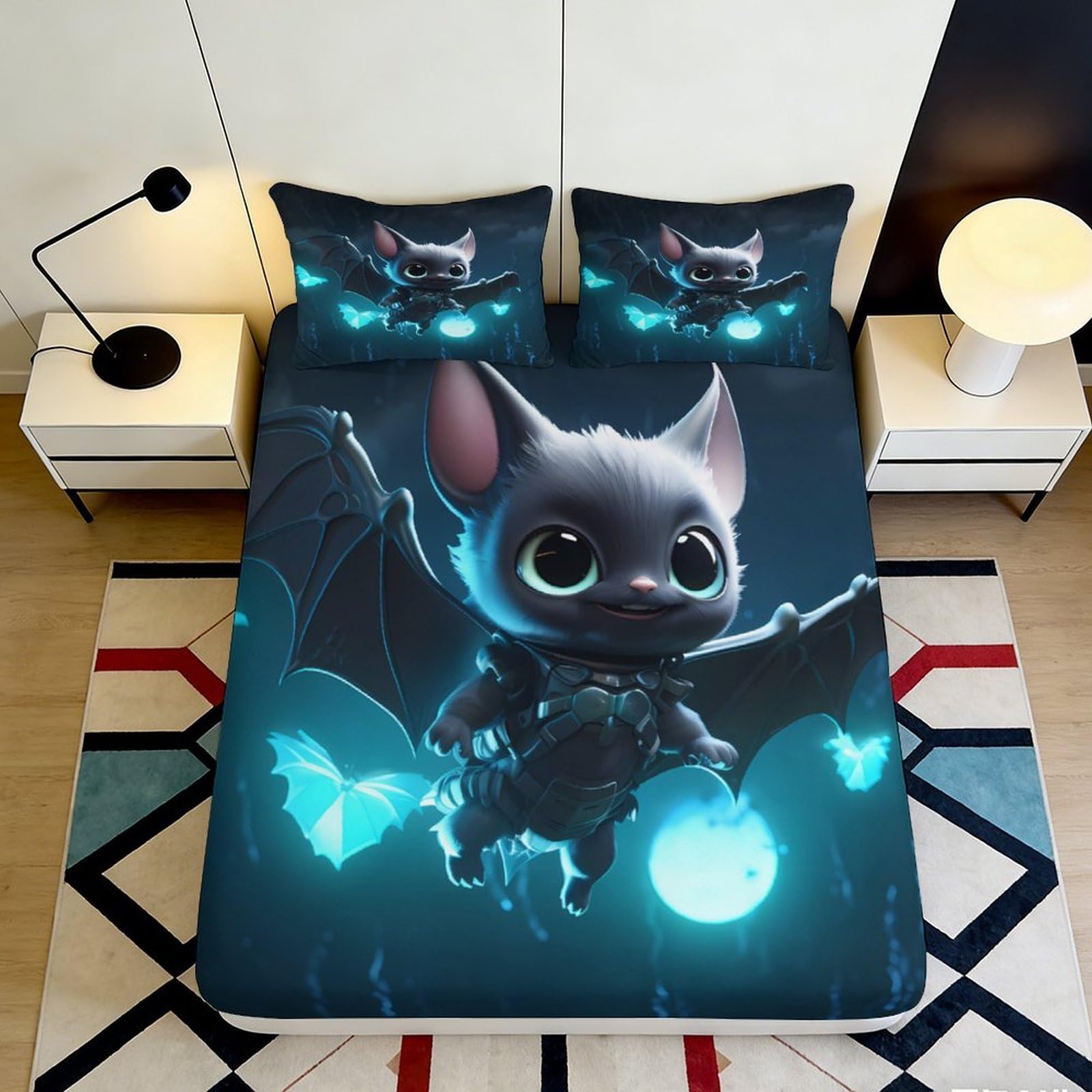 3D Printed Cute Bat Design Fitted Sheet Microfiber Soft Breathable Night Sky Bed Cover for Bedroom Dormitory Guest Room Mattress Protection 120x200x25cm