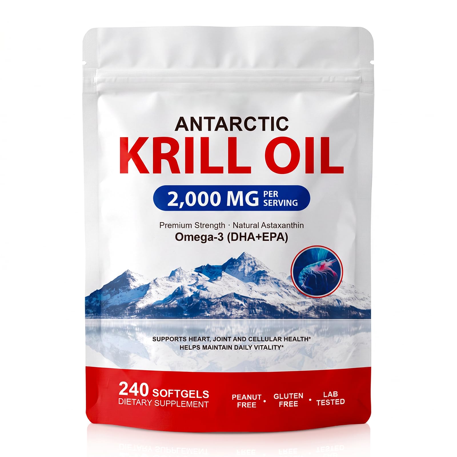 Antarctic Krill Oil, 240 Softgels | Premium Omega-3 Marine Supplement Rich in Phospholipids, EPA, DHA & Natural Astaxanthin | Non-GMO & Gluten-Free Formula for Heart, Joint and Brain Support 240 Count (Pack of 1)