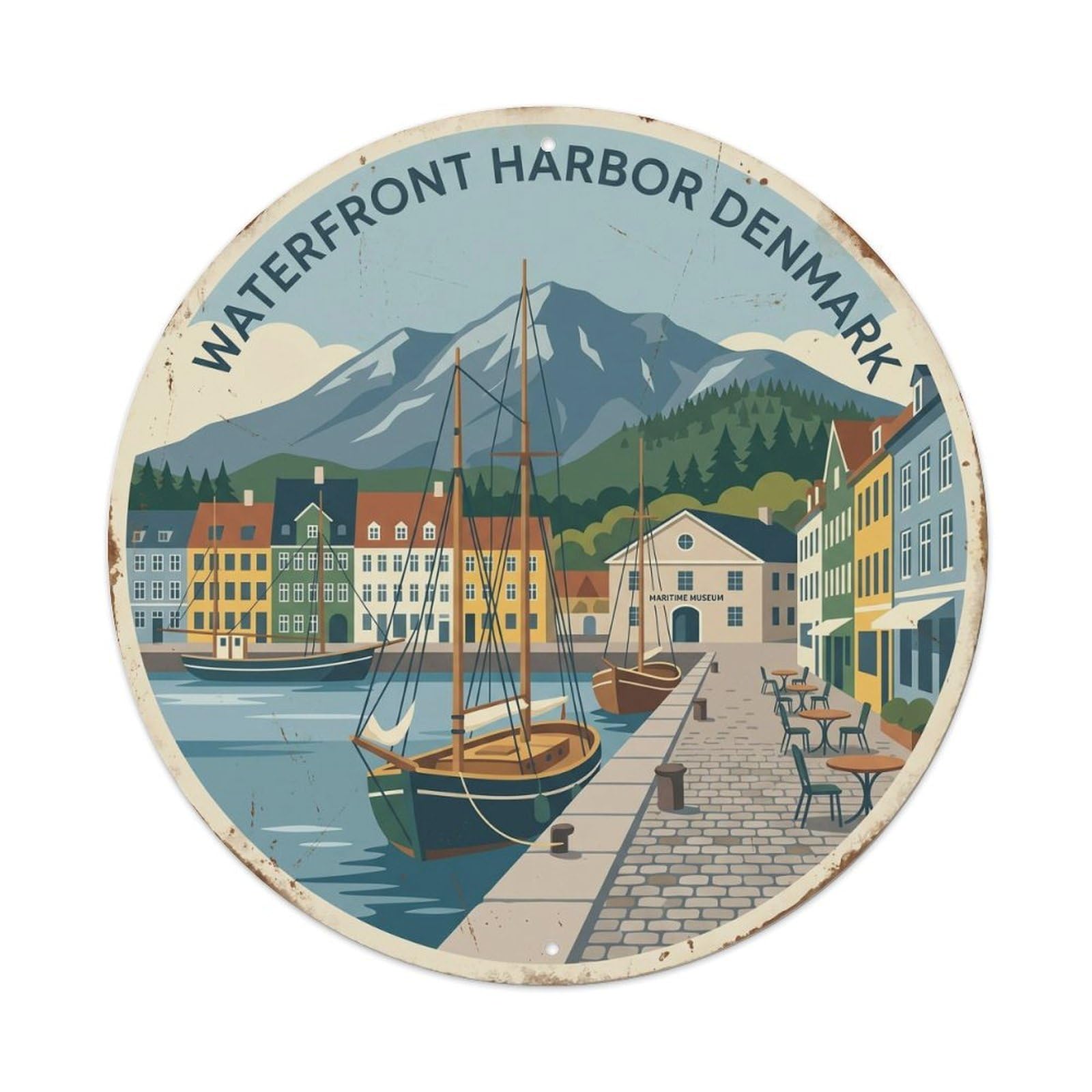 Vintage Travel Waterfront Harbor Denmark Port Metal Tin Sign Plaque Wall Decor for Cafe, Club, Garden Round Metal Poster 8x8Inch