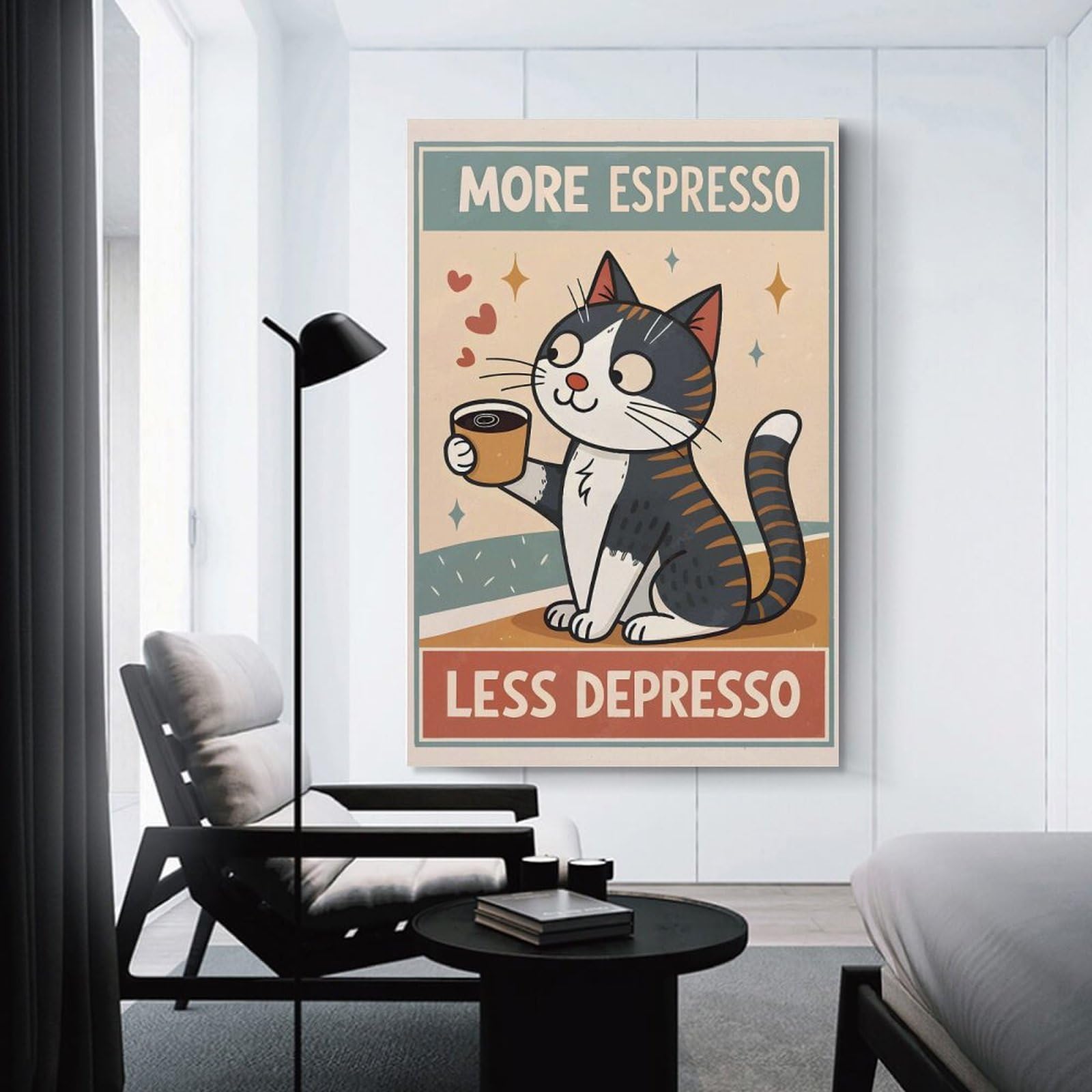 Junmoney Unframe-Style-5 Wall Picture Print More Espresso Less Depresso Cat Poster, 20X30inch(50X75cm), For Feature Walls In Flats Or Modern Rooms, An Easy Match For Collected Prints