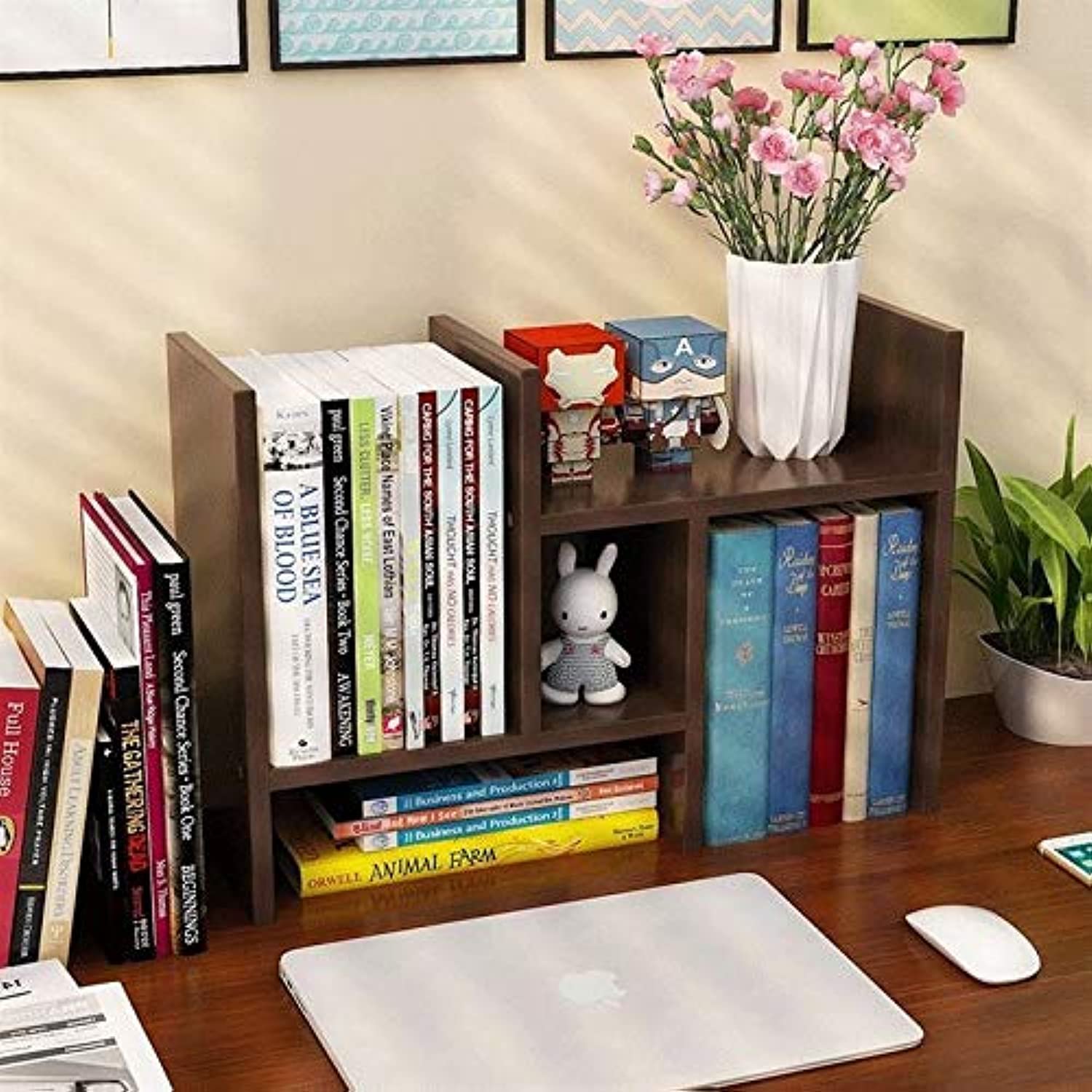 TIMICAREBamboo Desktop Bookshelf, Adjustable Desktop Display Shelf Rack Counter Office Storage Rack Top Bookcase, Free Style Display True Natural Stand Shelf Rack (Black Walnut Color)