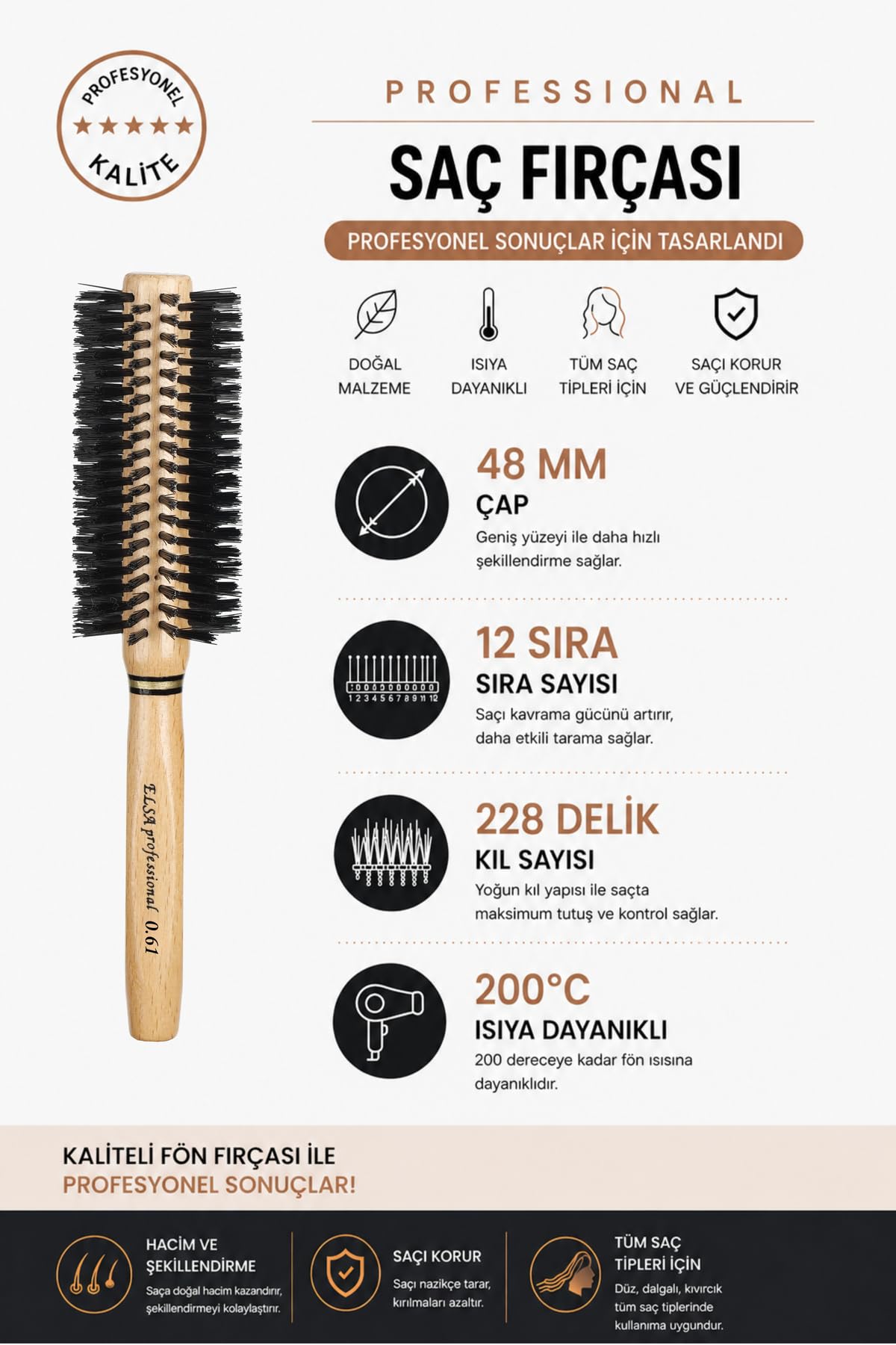 Elsa Professional 0.61 Natürel Kırçıllı Saç Fırçası