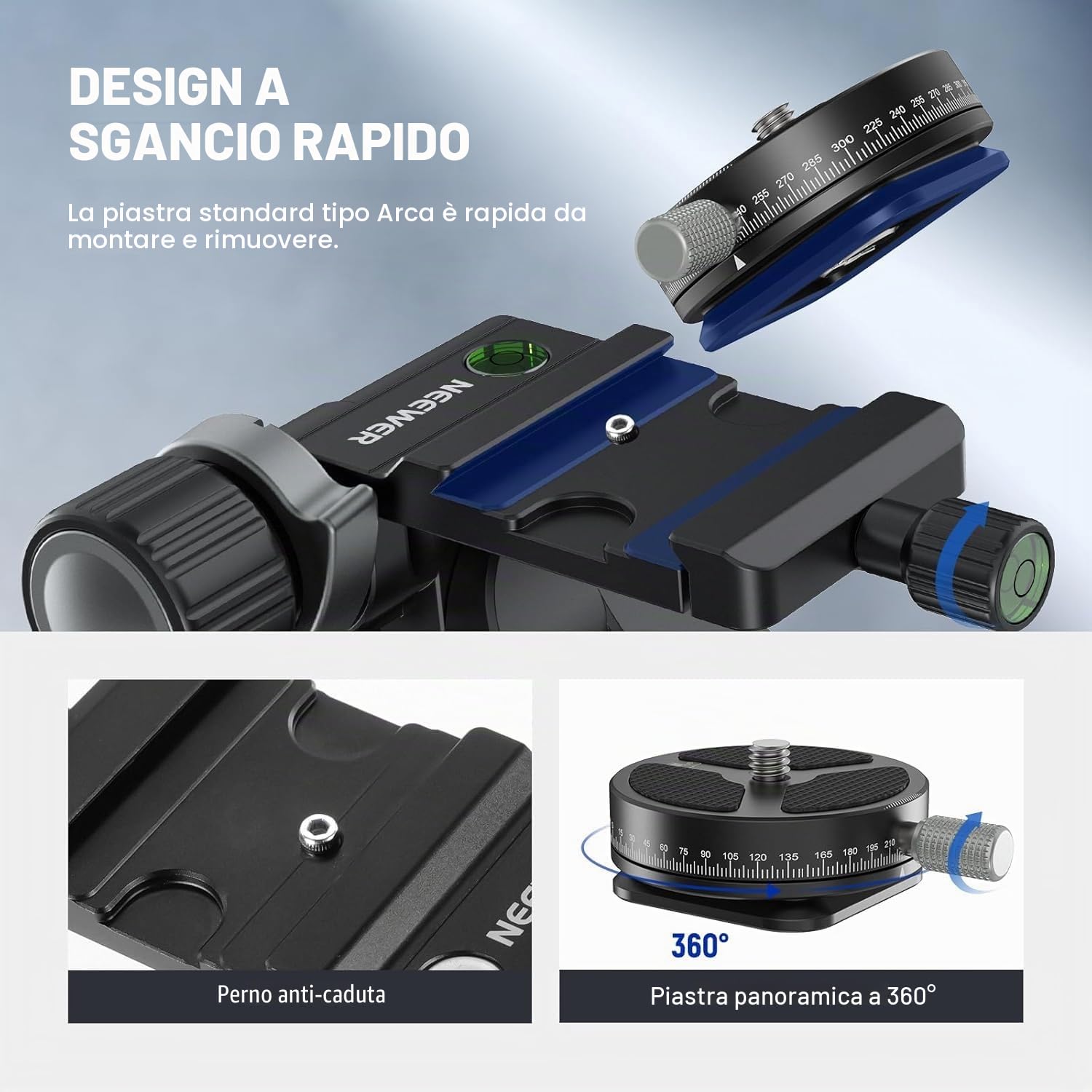 NEEWER Testa Treppiede a 3 Vie con Piastra QR Arca a 360°, Micro Regolazione Millimetrica, Testa a 3 Assi Pan Incli in Lega di Alluminio con Cambio Rapido Doppia Modalità Grande e Fine, Max 6kg, TH15