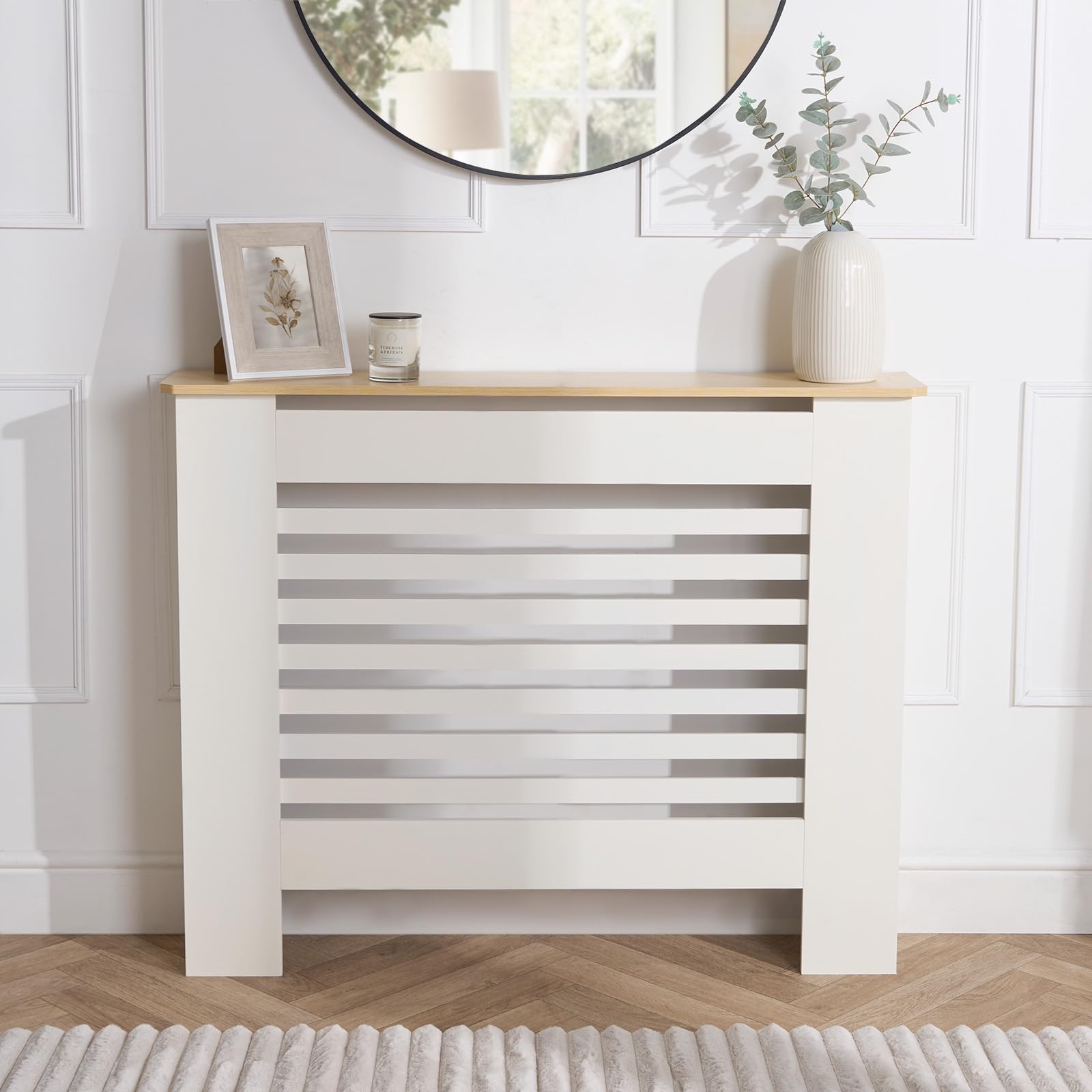 OHS Small Radiator Cover with Oak Look Top, Stylish Slatted Design Wood Frame Shelf Small Oak Radiator Cover MDF for Living Room Bedroom Hallway, Cream โ image 1
