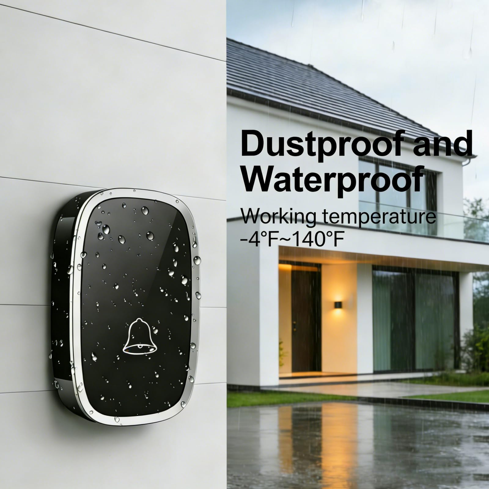 Campanello Senza Fili da Esterno Impermeabile IP44-1 Trasmettitore + 1 Ricevitore, Portata 300M, 36 Suonerie, 5 Livelli Volume, LED Blù per Casa, Ufficio - 5