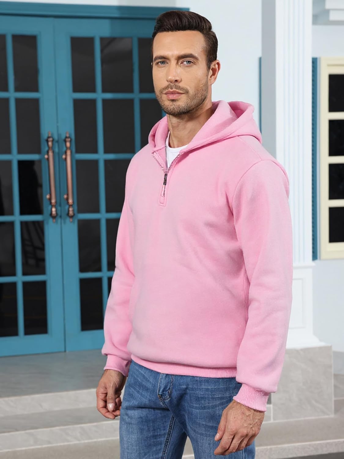 Men Quarter Zip Hoodie Fleece Lightweight Mens Half Zip Pullover Long Sleeve Drop Shoulder Hooded Sweatshirt - Image 5