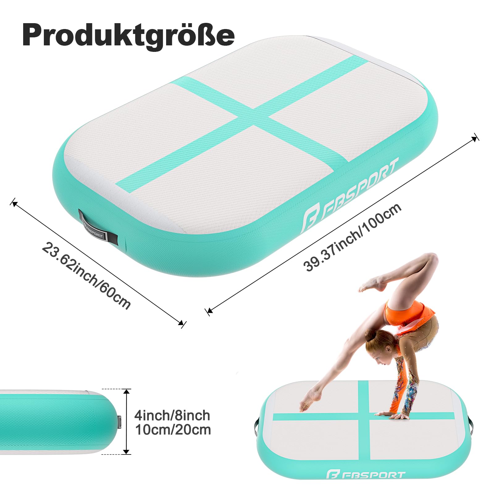FBSPORT Airtrack Matte, Altezza 10 cm, Spessore 60 cm, Tumbling Matte Gonfiabile, Ginnastica con Pompa ad Aria, Tappeto da Allenamento con Borsa, Tappeto da Ginnastica per Casa, Esterno, Yoga