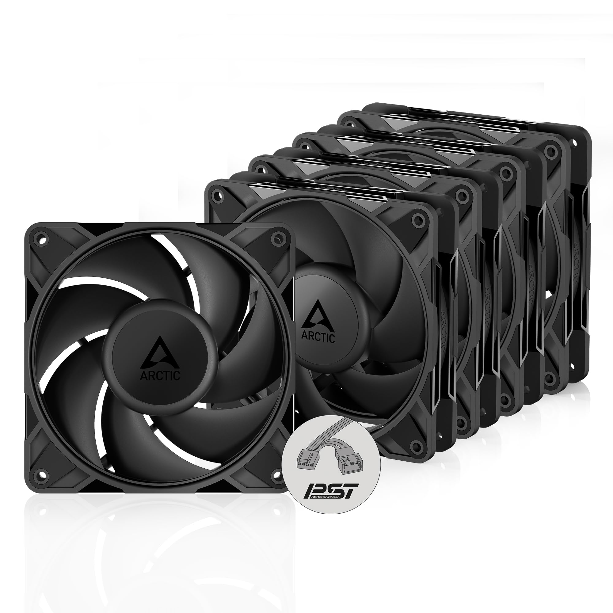 ARCTIC P12 Pro PST (5 Piezas) - Potente Ventilador de Caja PC Premium, Case Fan PWM de 120 mm con Divisor de Cable en Y, 600–3000 rpm, 0 rpm <5% PWM, Rodamiento fluidodinámico, 4 Pines - Negro