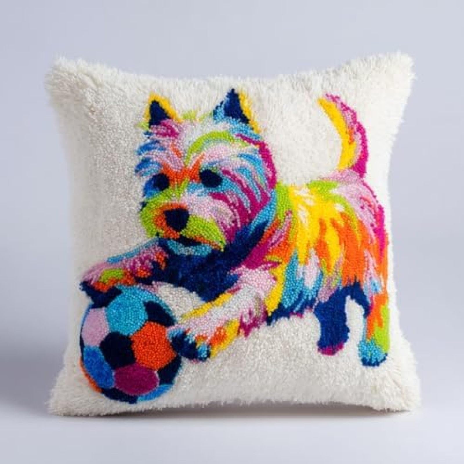 kitphoenix DIY Cushion Cover Latch Hook Kit,Cairn Terrier Dog Play Soccer Ball,Adults Craft Hobby Set with Pre-Cut Yarn,Hook and Printed Canvas,43x43 cm