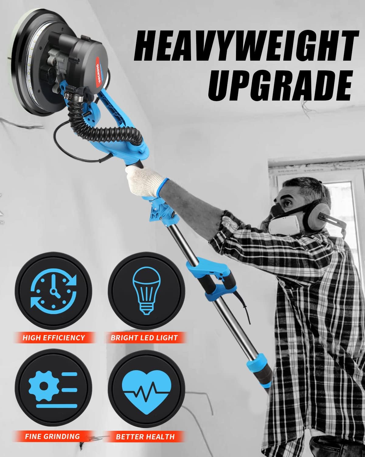 Drywall Sander 800W Foldable Electric Sander 6 Adjustable Speed 500-1800RPM Powerful Wall Sander with Extendable Handle LED Lights Storage Bag Long Dust Hose Drywall Sander with Vacuum - - 