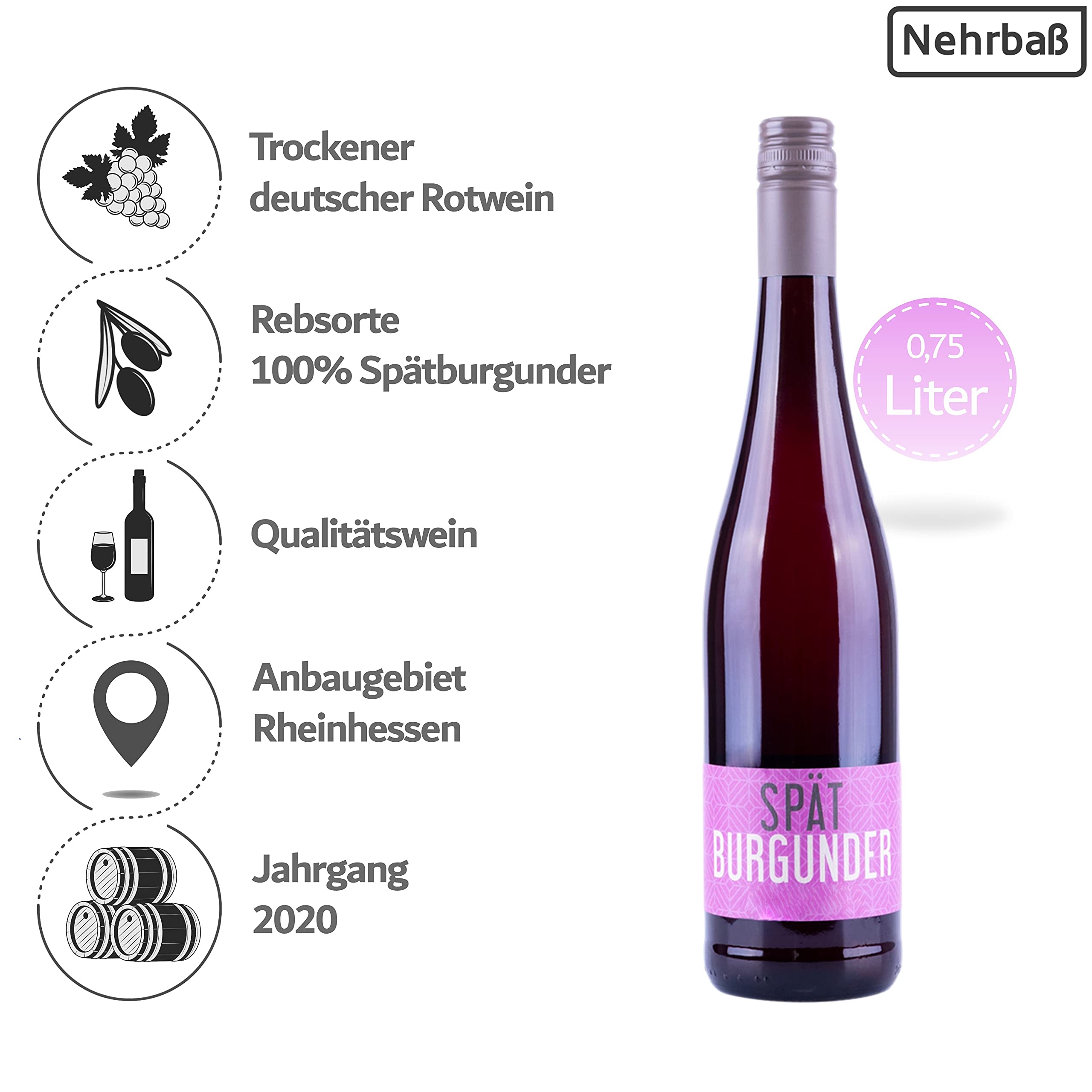 Nehrbaß - “Spätburgunder 2020” - Rotwein trocken 6 x á 0,75 Liter - Qualitätswein - Aus Deutschland (Rheinhessen) - mit Schraubverschluss
