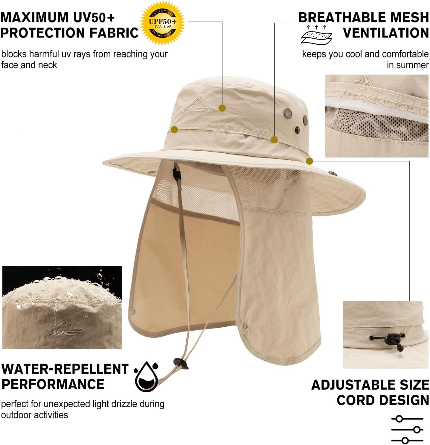 Comhats Oversized XL XXL Waterproof UPF50+ Neck Flap Protection Cover Wide Brim Golf Packable Sun Hats for Men - Image 2