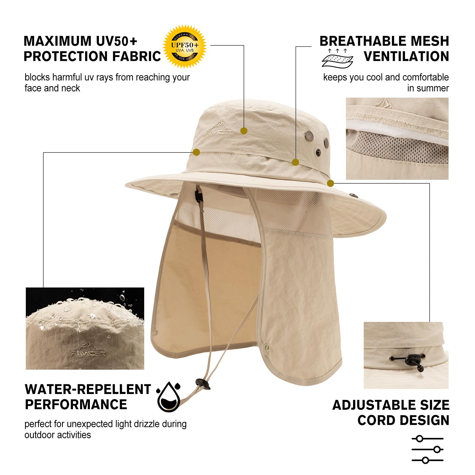 TOP-EX UVCoolix™ Chapeau de soleil unisexe UPF 50+ avec protection de la nuque, chapeau d'extérieur imperméable pour randonnée et pêche, chapeau de safari rafraîchissant avec large bord, respirant