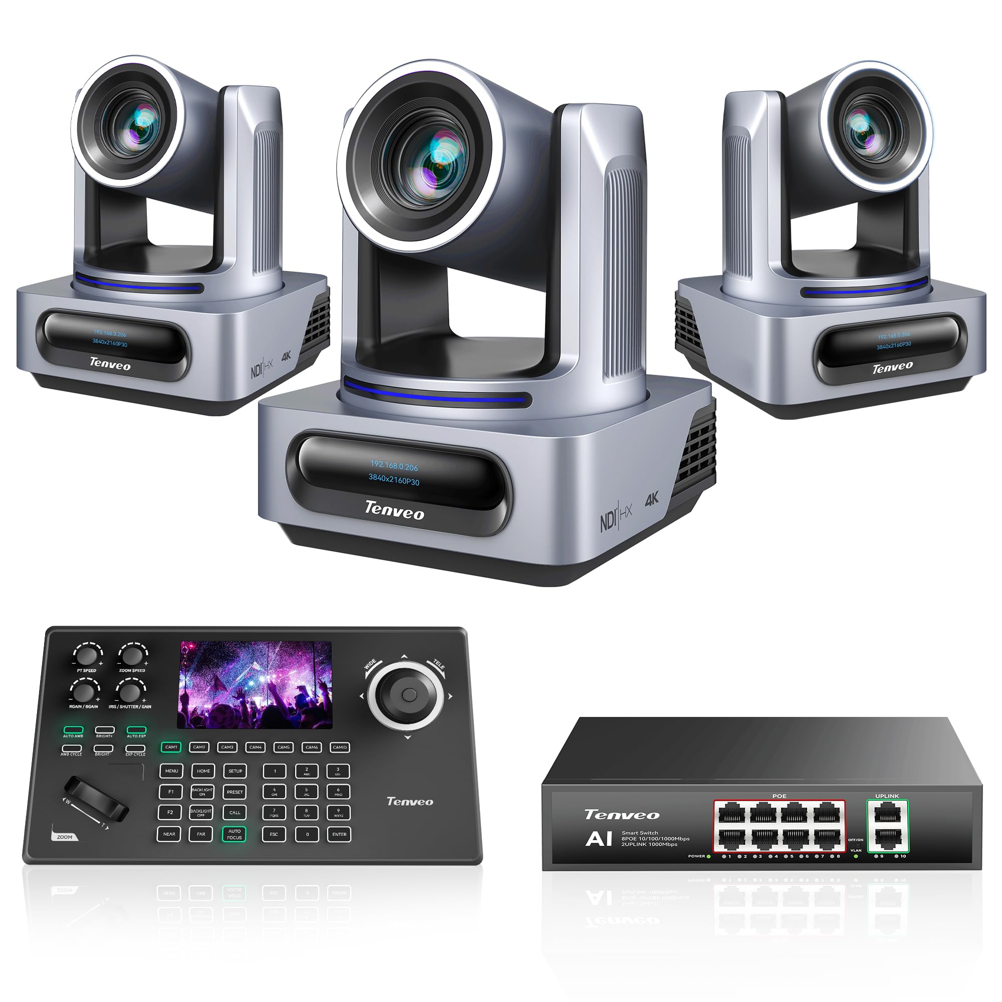 Tenveo Kit Telecamera PTZ e Controller - 3 Telecamere NDI PTZ 4K con Auto-Tracking AI 20X, SDI/HDMI/USB3.0/LAN(PoE) e Controller Joystick NDI con Screen da 5” + PoE Switch per Live Streaming