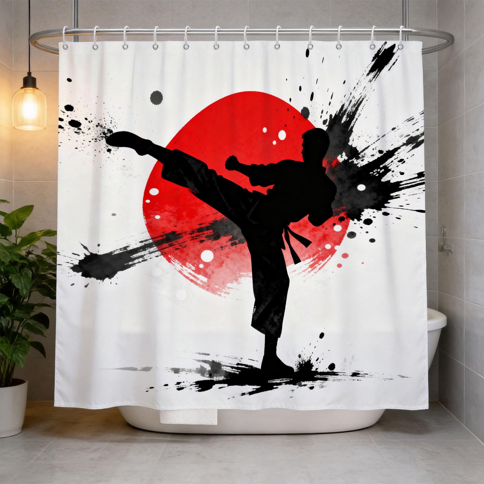 Hongduo 3D Karate Silhouette Shower Curtain for Stalls Bathtubs Sports Bathroom Decor Shower Curtain Set Polyester Fabric Waterproof 180x180cm/71X71 Inch with Hooks