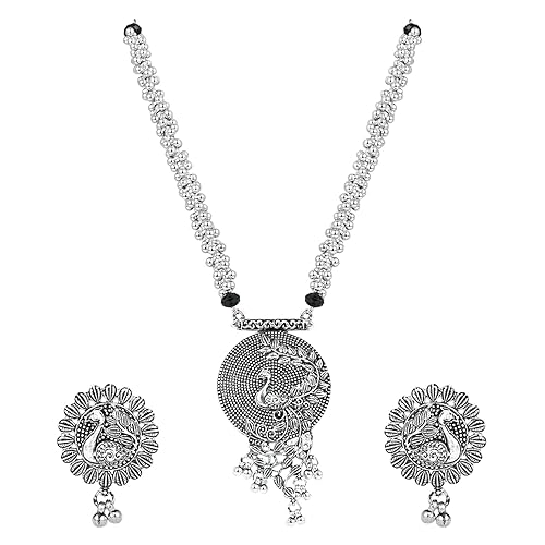 Navratri Ethnic Stylish Silver Oxidised Radha Krishna Design Long Necklace Jewellery Set for Women And Girls