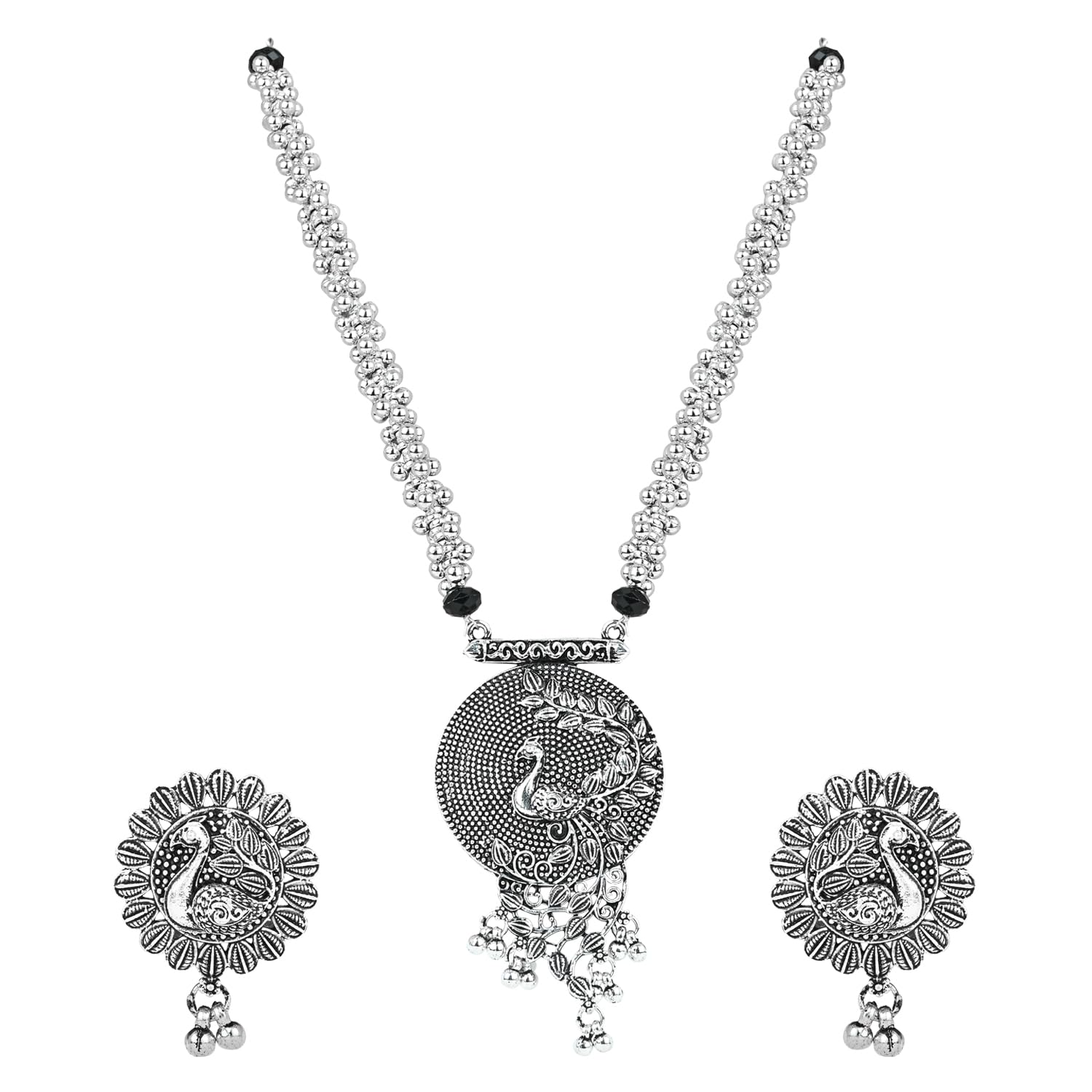 I JewelsNavratri Ethnic Stylish Silver Oxidised Radha Krishna Design Long Necklace Jewellery Set for Women And Girls