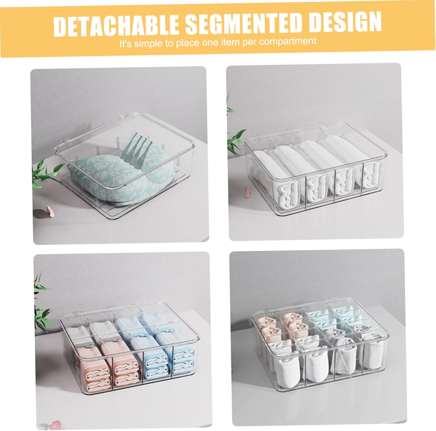 Underwear Organizer, 16 Compartments Clear Plastic Underwear Organizer 12x10x4 Stackable Storage Bins for Bras, Socks, Scar