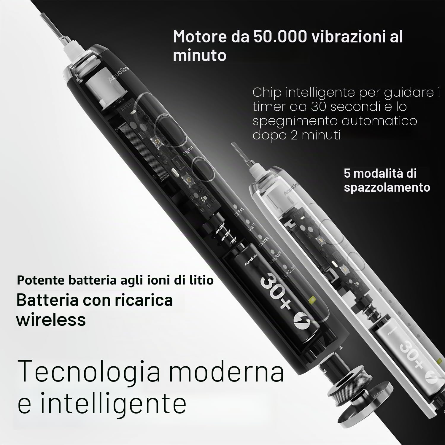 AquaSonic Duo Pro,Spazzolino da denti elettrici con doppio manico ultra sbiancante 40.000 VPM, base di ricarica wireless e igienizzante UV, 10 testine ProFlex e 2 custodie da viaggio