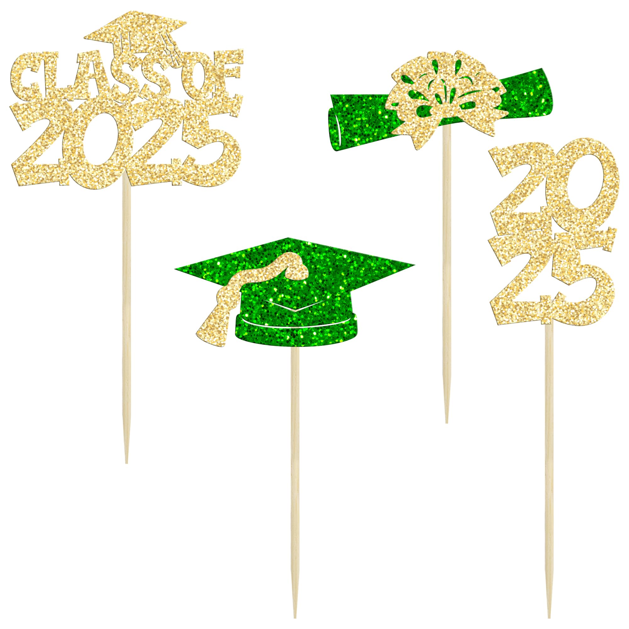 Ephlyn 36Pcs 2026 Graduation Theme Cupcake Toppers Glitter Class of 2026 Congrats Grad Diploma Graduation Cap Cupcake Picks for 2026 Graduation Theme Party Cake Decorations Supplies Gold Green - Image 3