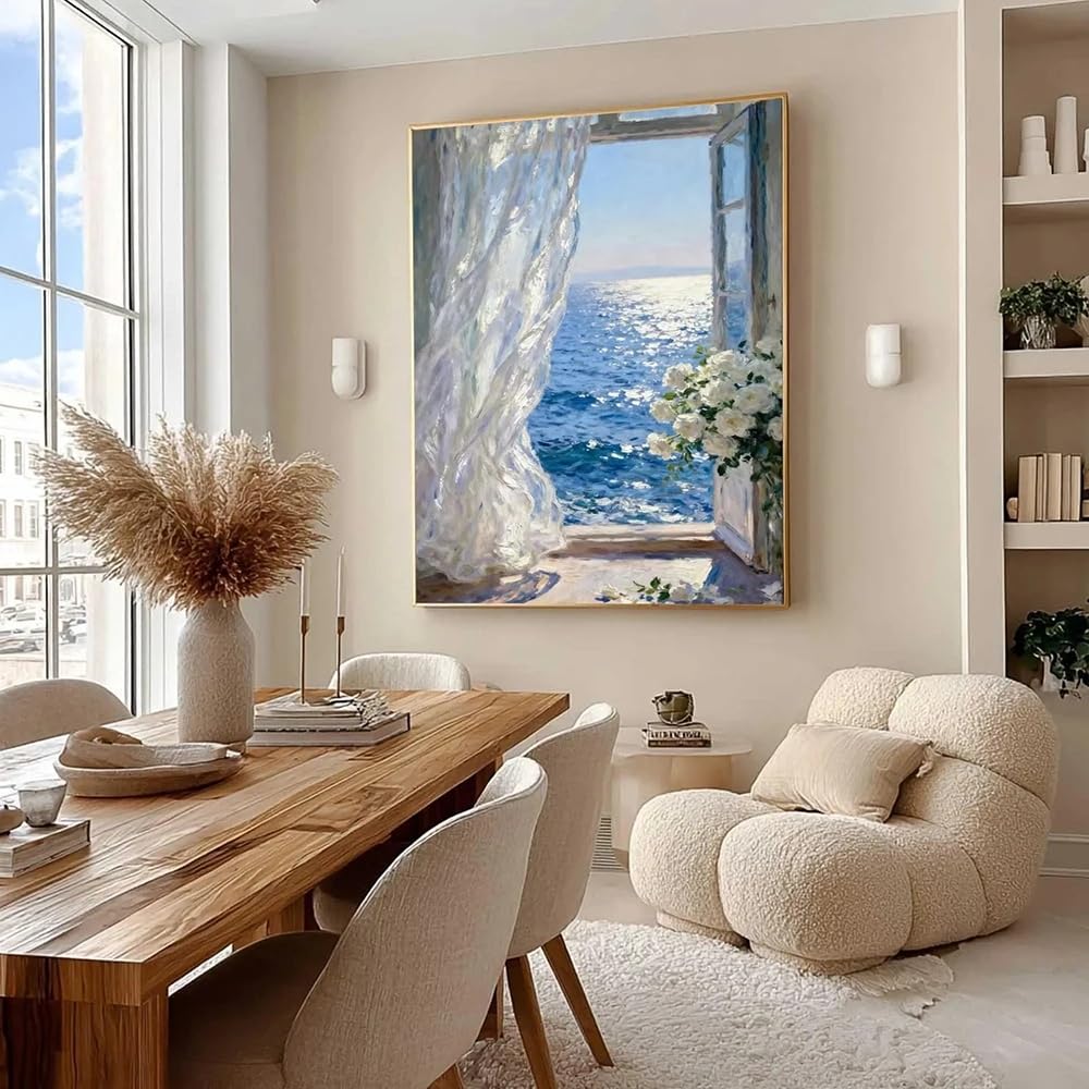 LTjiajuypd Coastal Seascape Painting White Roses Canvas Art Ocean Waves Decor Wall Bedroom(70x100cm)