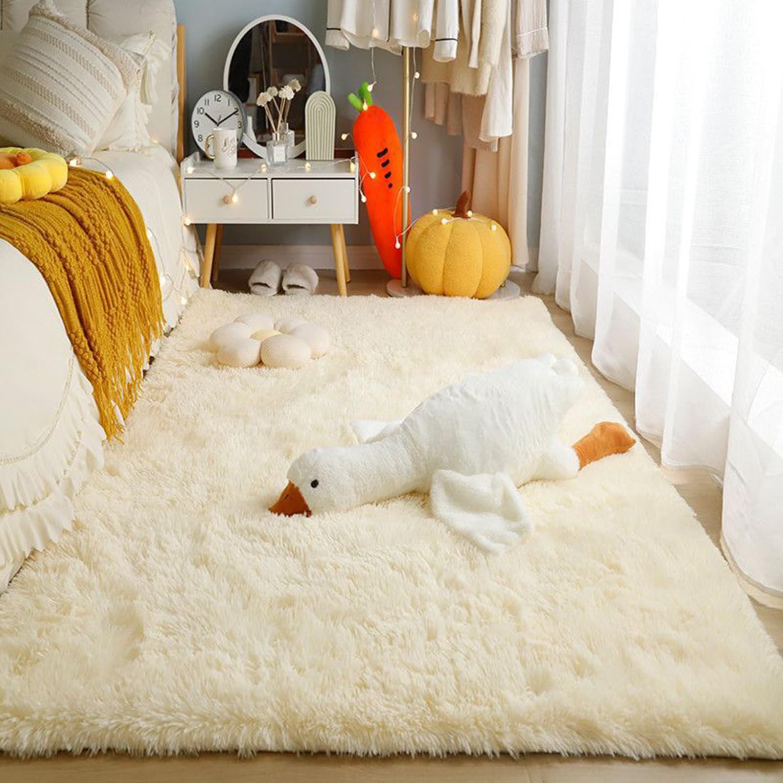 Teppich Kunstfell Teppich Hochflor 90 x 260 cm Flauschig, Weich, Pflegeleicht, Anti-Rutsch, Waschbar Flauschig Weich Teppiche Seidig Glatte Pelzteppiche für Wohnzimmer, Schlafzimmer, Creme Farben