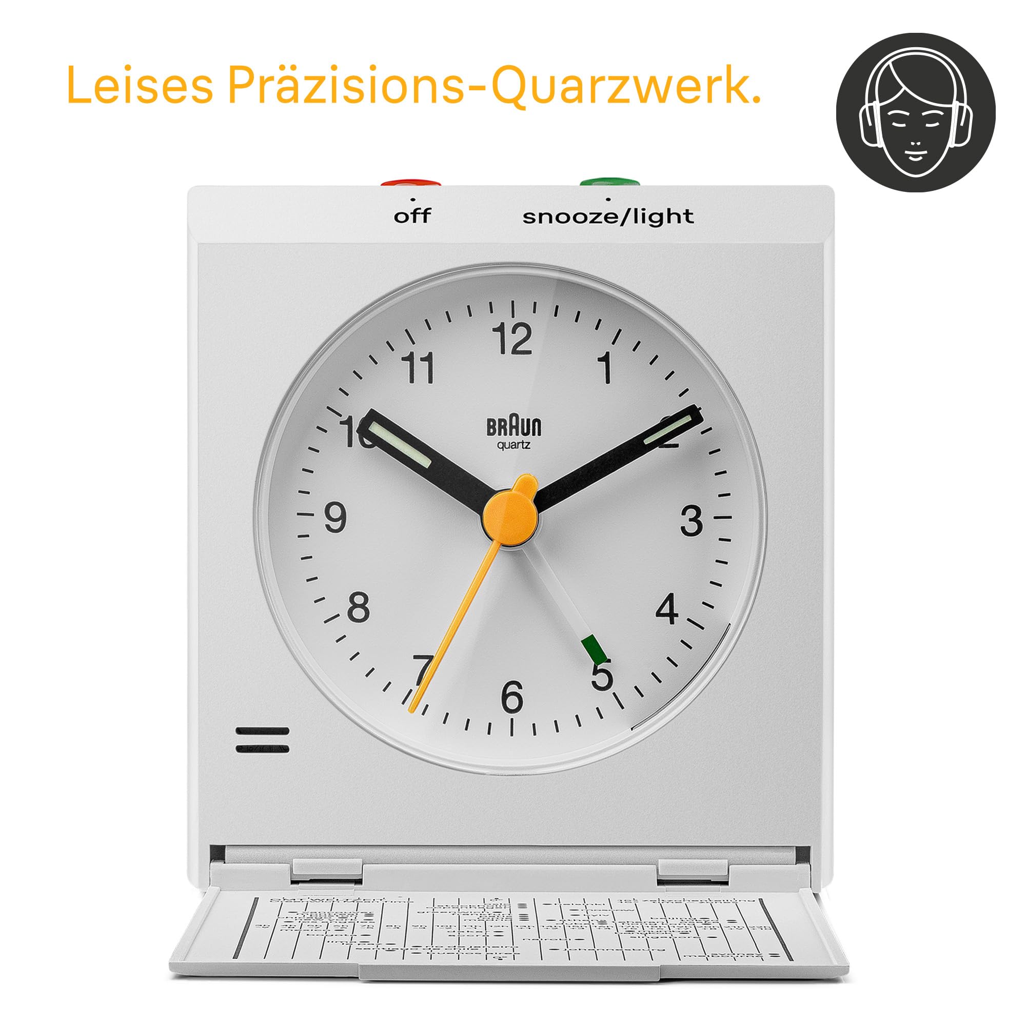 Braun klassischer analoger Reisewecker mit Schlummerfunktion und Licht, Vintage-Design, kompakte Größe, Klappdeckel mit Weltzeitzonenkarte, leises Quarzwerk, Crescendo-Piepton-Alarm in Weiß, BC05W.