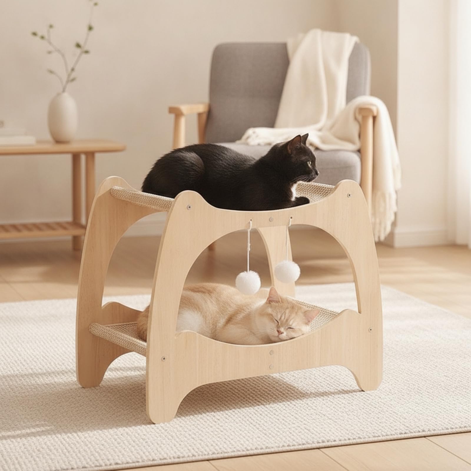 Struttra Piattaforme Rialzate e Superfici in Sisal Resistente Ai Graffi Tiragraffi a Due Livelli con Struttura in Legno Naturale Stabile