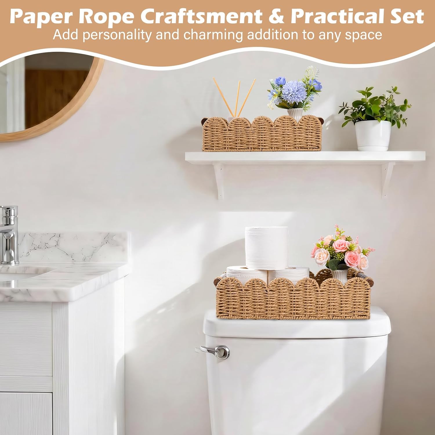 Paper Rope Toilet Paper Storage Small Basket, Set of 2 Scalloped Edge Woven Wicker Baskets with Wooden Handles, Decorative Countertop & Toilet Tank Basket for Bathroom Living Room Home Decor, Beige