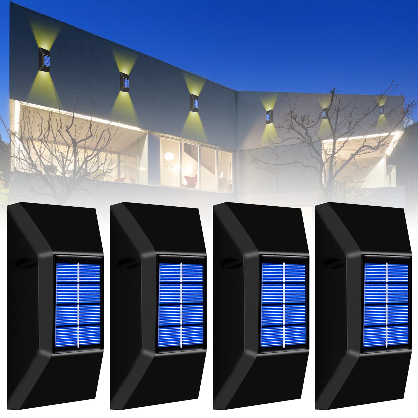 4 lámparas solares de pared para jardín, lámpara de pared solar IP65, resistente al agua, lámparas solares para exteriores, apliques de pared solares para jardín, césped, balcón, terraza, patio