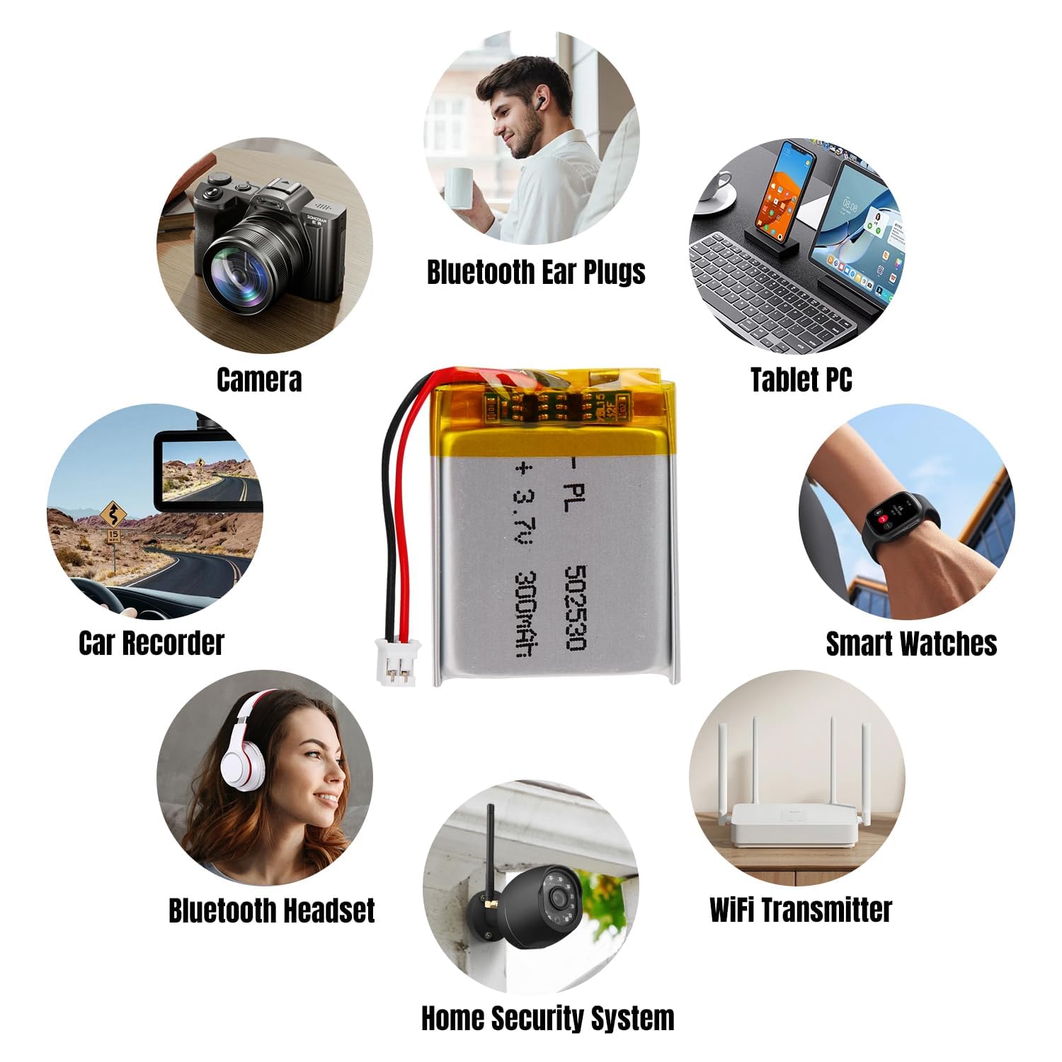 3.7V Lipo battery, 3.7V 300mAh 502530 Lithium Polymer Ion with 2P-PH connection with 2.0 mm pitch — view 6