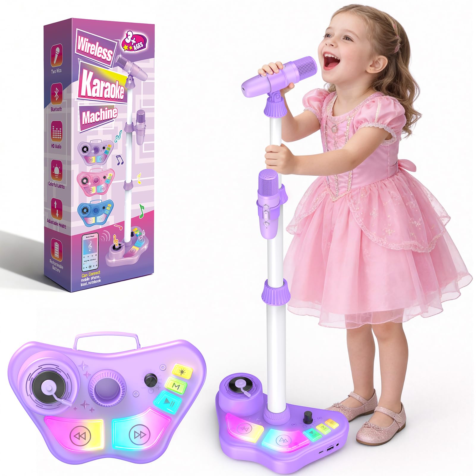 Dislocati Microfono per Bambini con Supporto Regolabile, 2 Microfoni con Luci LED, Altoparlante Portatile con Luci Sfarfallanti, Giocattolo Musicale per Bambina Bambino 3+ Anni (Viola)
