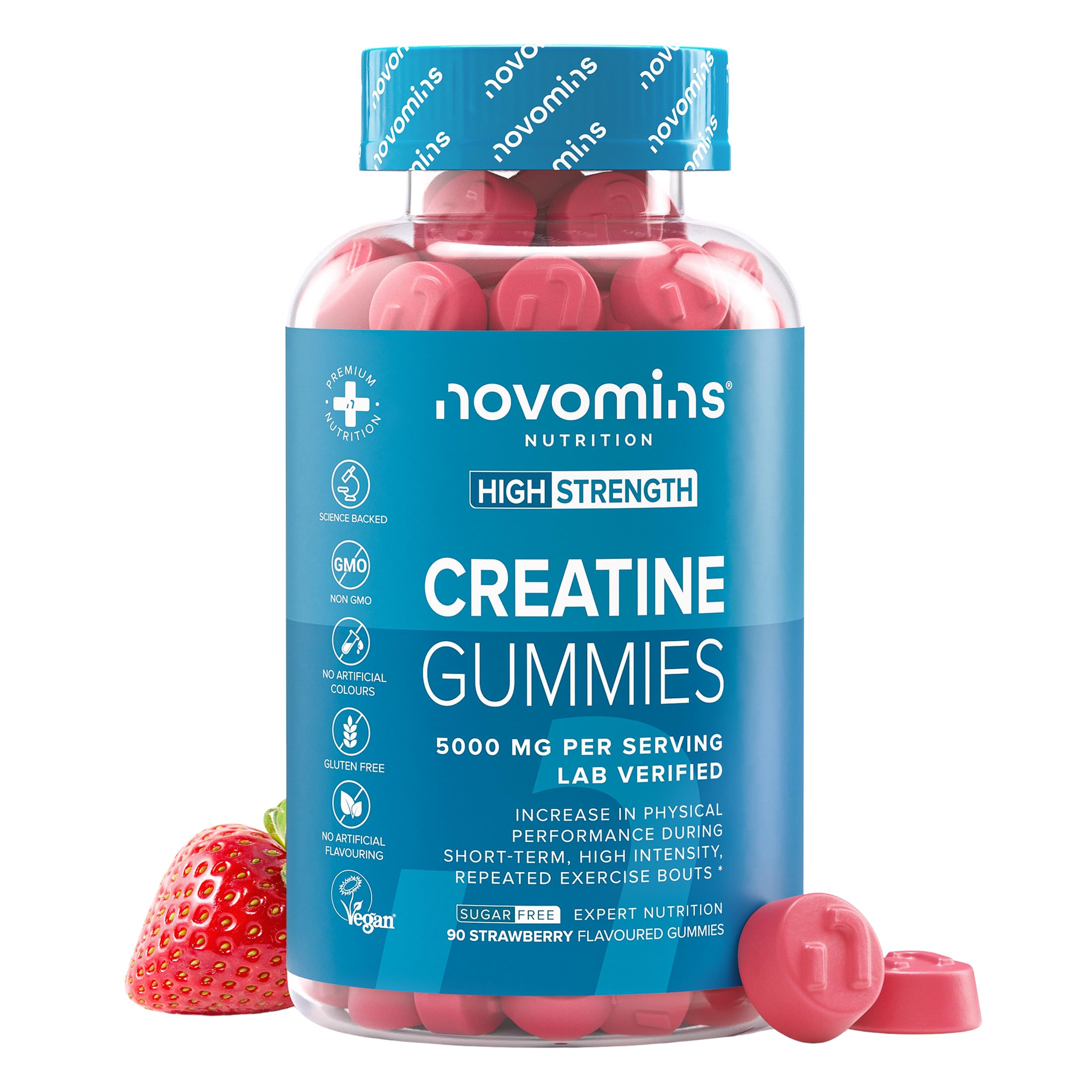 Creatina Monoidrata Gommose – 5000 mg per Porzione ad Alta Forza – Aumenta le Prestazioni Fisiche – Alternativa a Polvere, Compresse e Capsule – Vegana, Gusto Fragola – 90 Gommose – Novomins