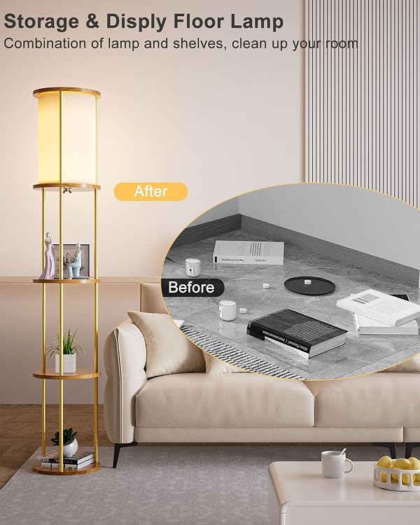 Lightdot 61" Floor Lamp with Shelves, Modern Gold Floor Lamp with Fabric Shade and 3- Tier Solid Wood Table Attached, Corner Bookshelf Lamps with 3000K Bulb Included for Sofa Beside/Corner Decor by Lightdot - Used condition - Image 3