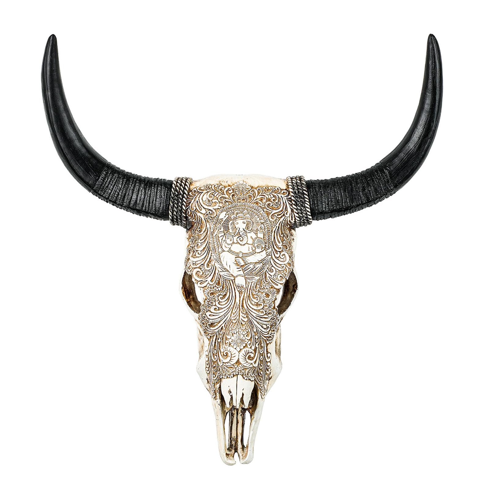 Cow Skull Wall Decor, Long Horn Cow Skull Wall Hanging Decor,Wall Hanging Faux Longhorn Skull,Faux Taxidermy Animal Head Handmade Wall Decor Home Sculpture,Faux Bull(Size:57x66cm,Color:A-Retro White)