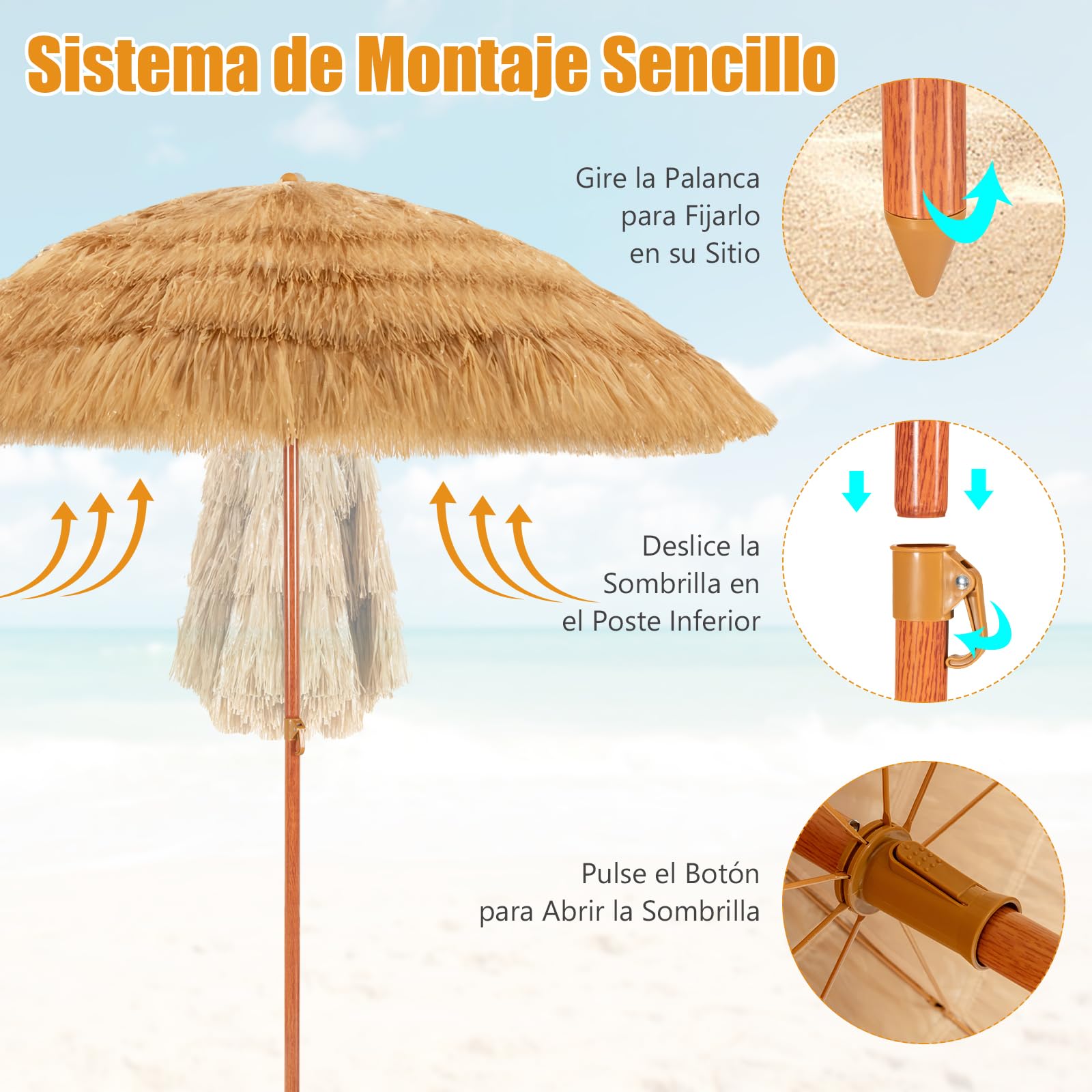 RELAX4LIFE Sombrilla Terraza Exterior de Paja PP con con Inclinación Ajustable 0-30°, 8 Varillas de Metal y Barra Desmontable, Sombrilla Playa con Protección UV para Jardín, Patio y Piscina
