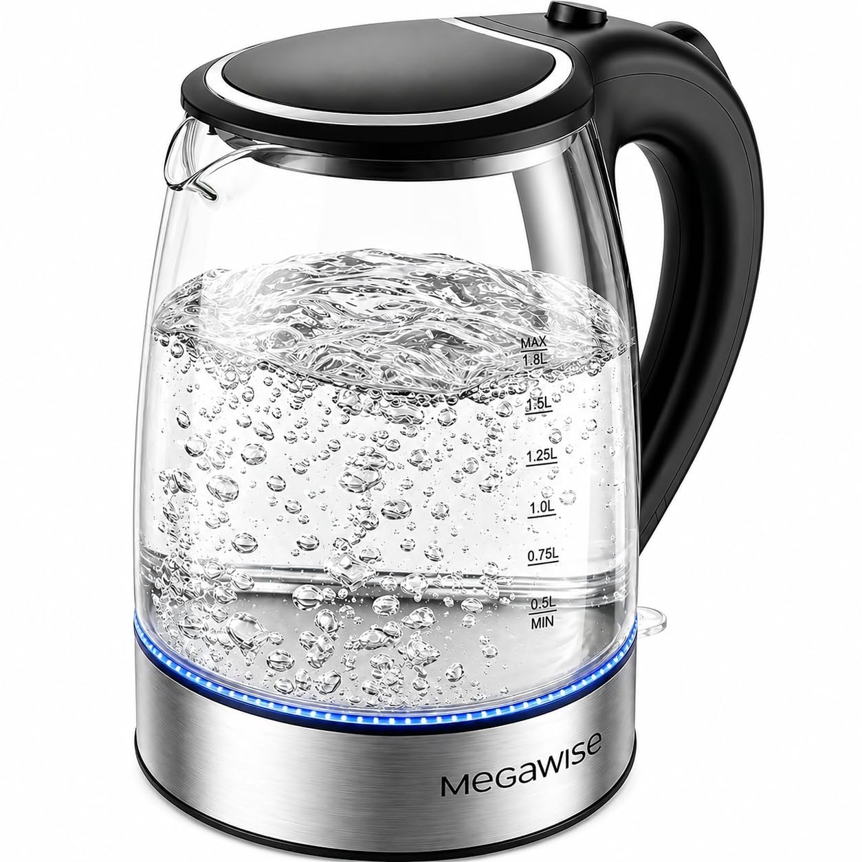 MEGAWISE 1.8L Kettle 1800W Food Grade Borosilicate Glass Kettle with Auto Shut-Off Function and Boil Dry Protection, Wireless, Fast Boil, BPA Free